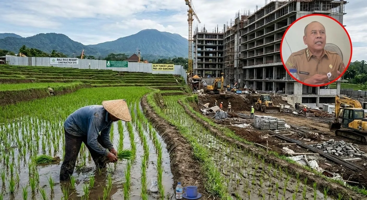 Photo ilustrasi sawah dan bangunan beton, sudut kanan bupati gus par